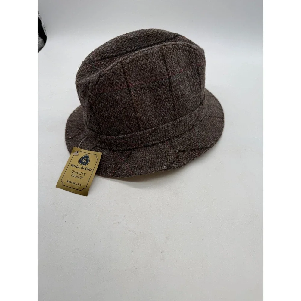 Dorfman Pacific Brown Plaid‎ Wool Blend Fedora Hat Small Made in USA NWT